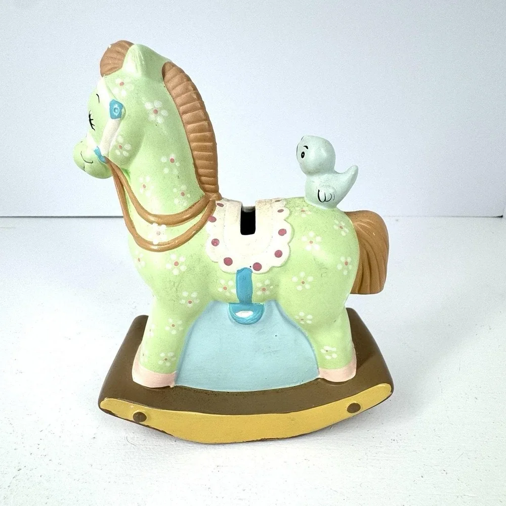 Vintage 1982‎ Enesco Hand Painted Rocking Horse Bird Ceramic Coin Bank Stopper